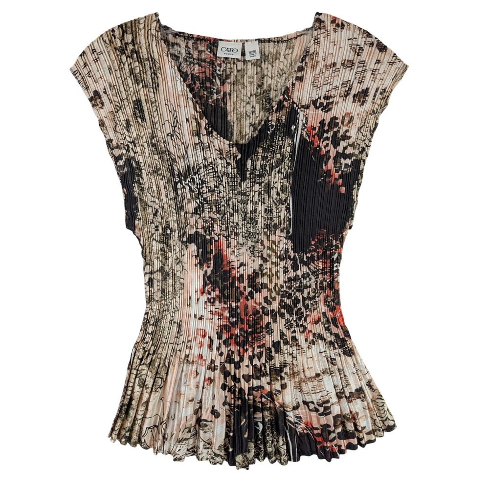 Women 14/16W Floral Animal Print Pleated V-Neck Cap Sleeve Top Accordion Blouse